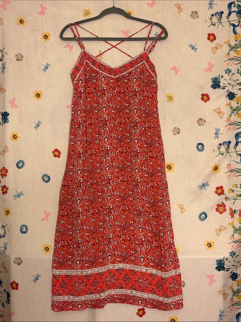 GAP - Red Floral Midi Slip Dress with Crisscross Straps annnd POCKETS!